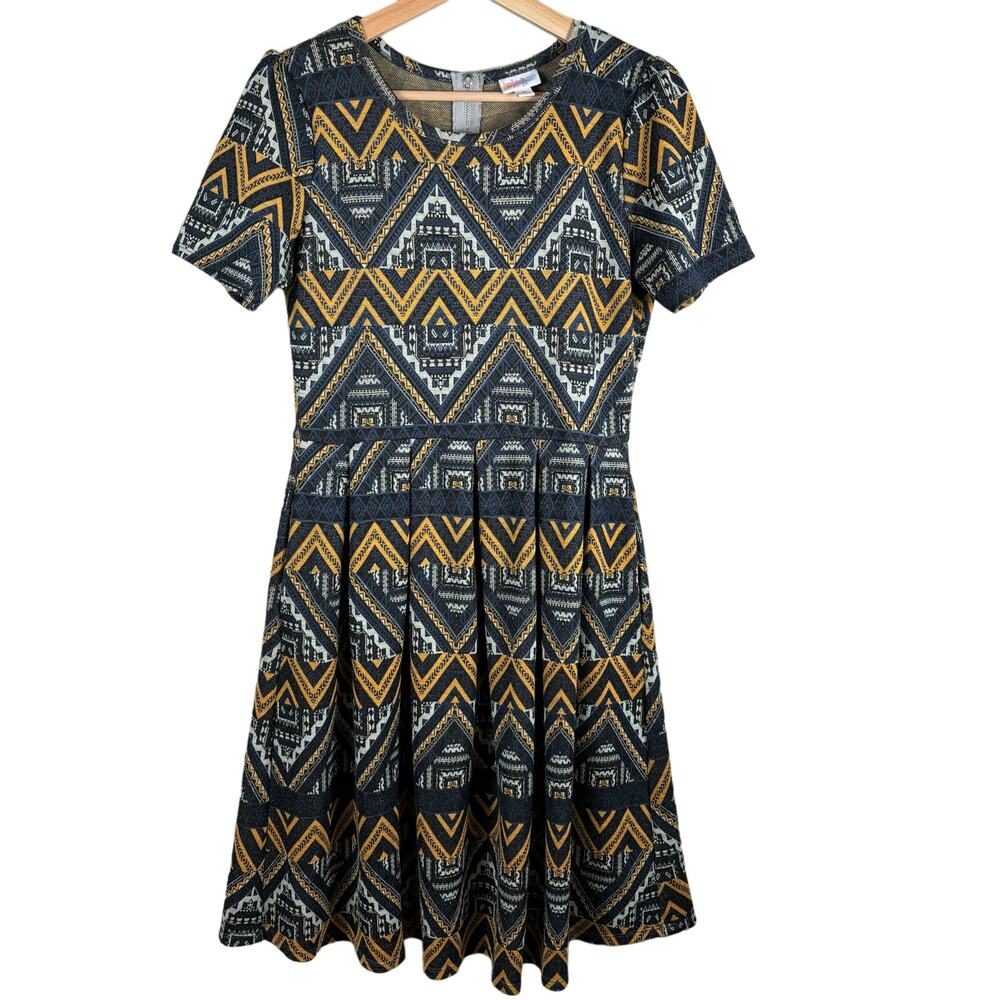 LulaRoe Womens SZ M Multicolor Aztec Print Knee Length‎ Amelia Pleated Dress